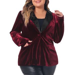 Plus Size Vintage Sparkle Contrast Notched Lapel Velvet Suit Blazers Burgundy